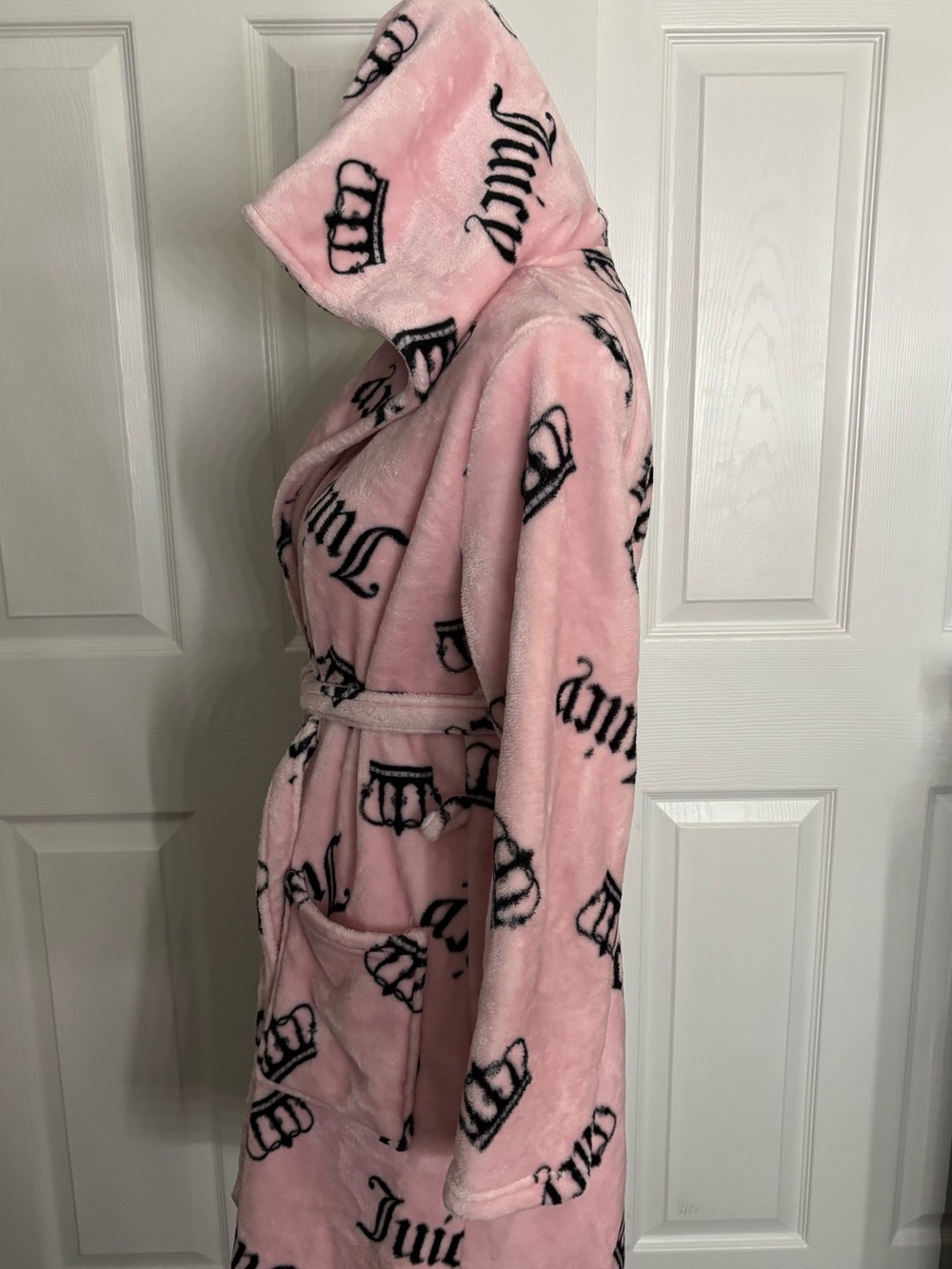 Juicy Couture Pink Fleece Hooded Logo Crown Tie Belt Bathrobe Robe S/M - Picture 2 of 5